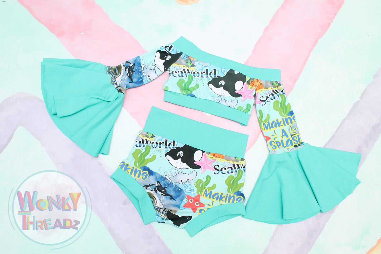 SeaWorld Adventure Girls' Outfit - Crop Top with Bell Sleeves and Matching Bummies