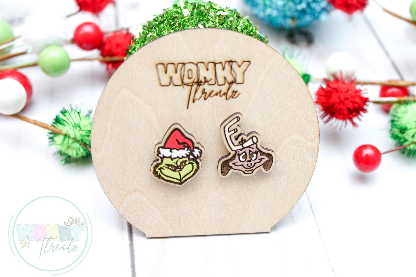 Quirky Green Menace & Loyal Companion Wood Stud Earrings - Wonky Threadz