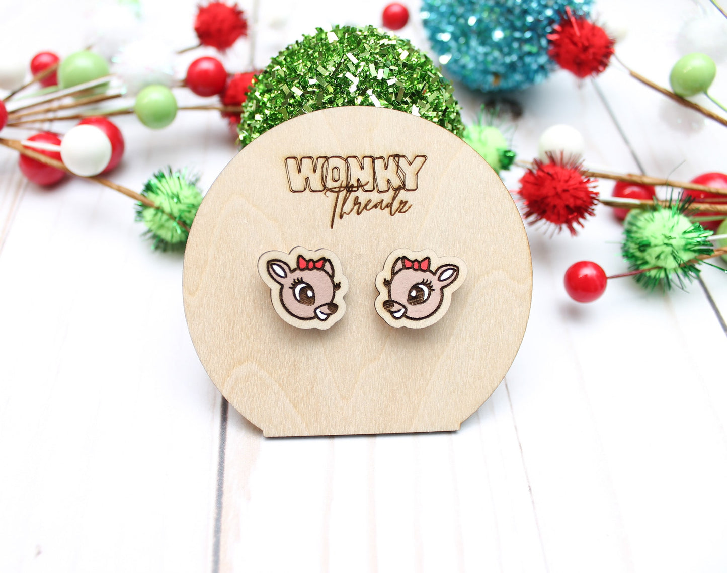 reindeer companion, wooden earring studs, holiday jewelry