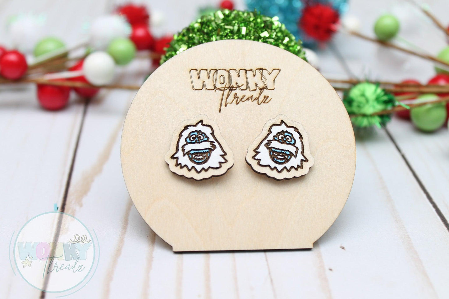 Whimsical Abominable Snowmonster Wooden Stud Earrings - Wonky Threadz