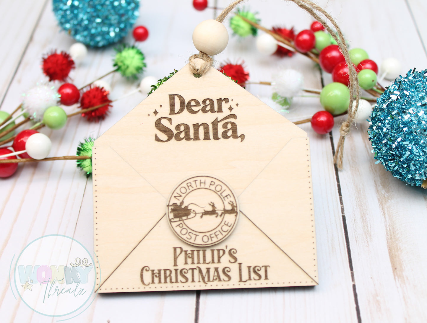 "Custom Wooden Envelope Ornament for Kids' Letters to Santa - Personalized Christmas Decor"