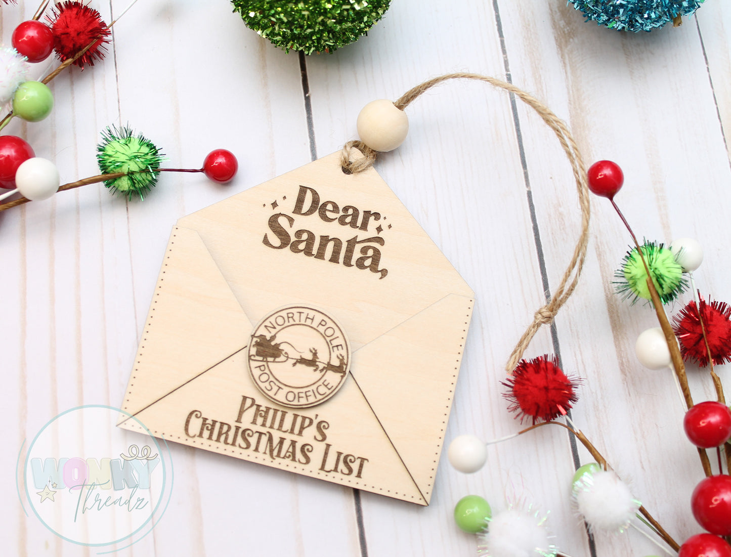 "Custom Wooden Envelope Ornament for Kids' Letters to Santa - Personalized Christmas Decor"