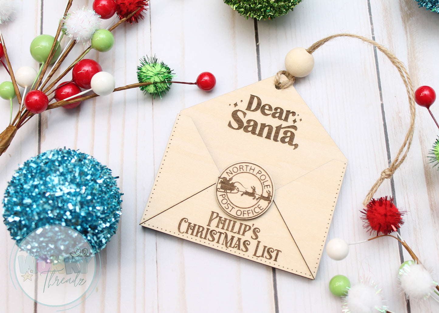 "Custom Wooden Envelope Ornament for Kids' Letters to Santa - Personalized Christmas Decor"