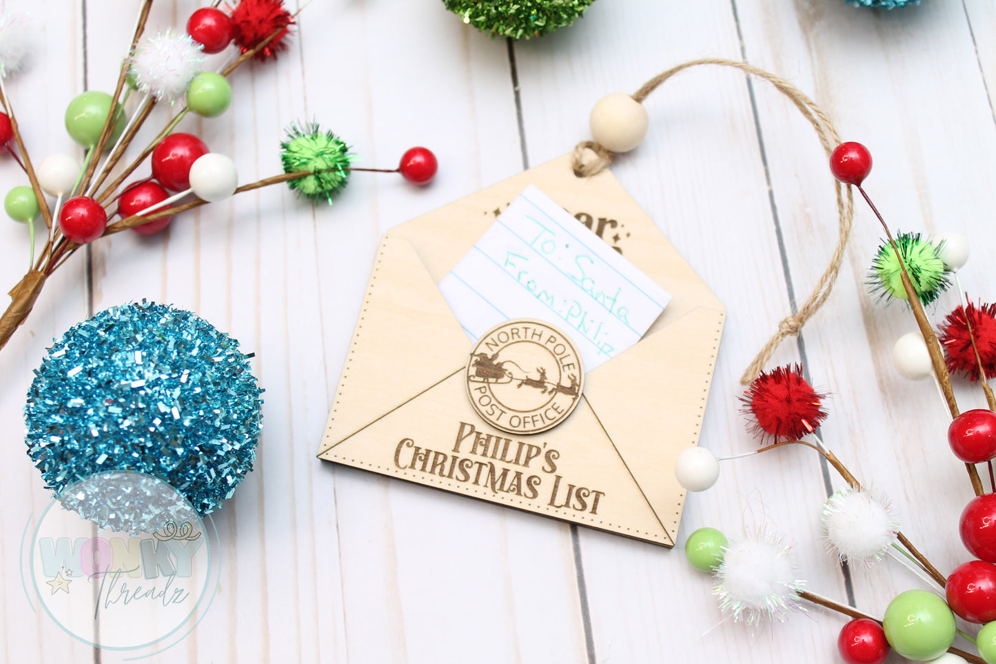 "Custom Wooden Envelope Ornament for Kids' Letters to Santa - Personalized Christmas Decor"