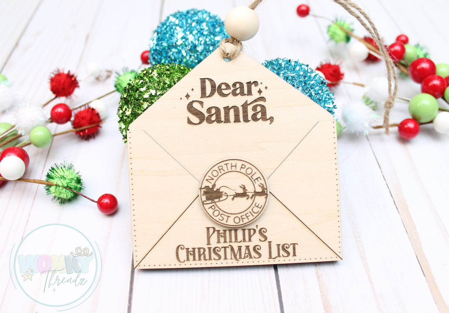 "Custom Wooden Envelope Ornament for Kids' Letters to Santa - Personalized Christmas Decor"