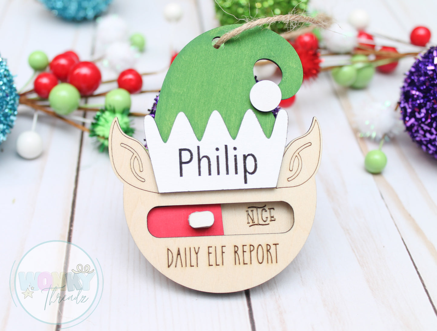 Personalized Wooden Elf Ornament - Daily Elf Report with Naughty/Nice Slider - Custom Christmas Decor