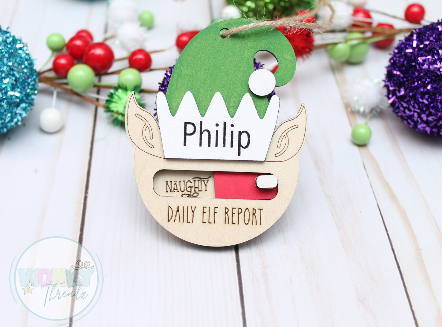Personalized Wooden Elf Ornament - Daily Elf Report with Naughty/Nice Slider - Custom Christmas Decor