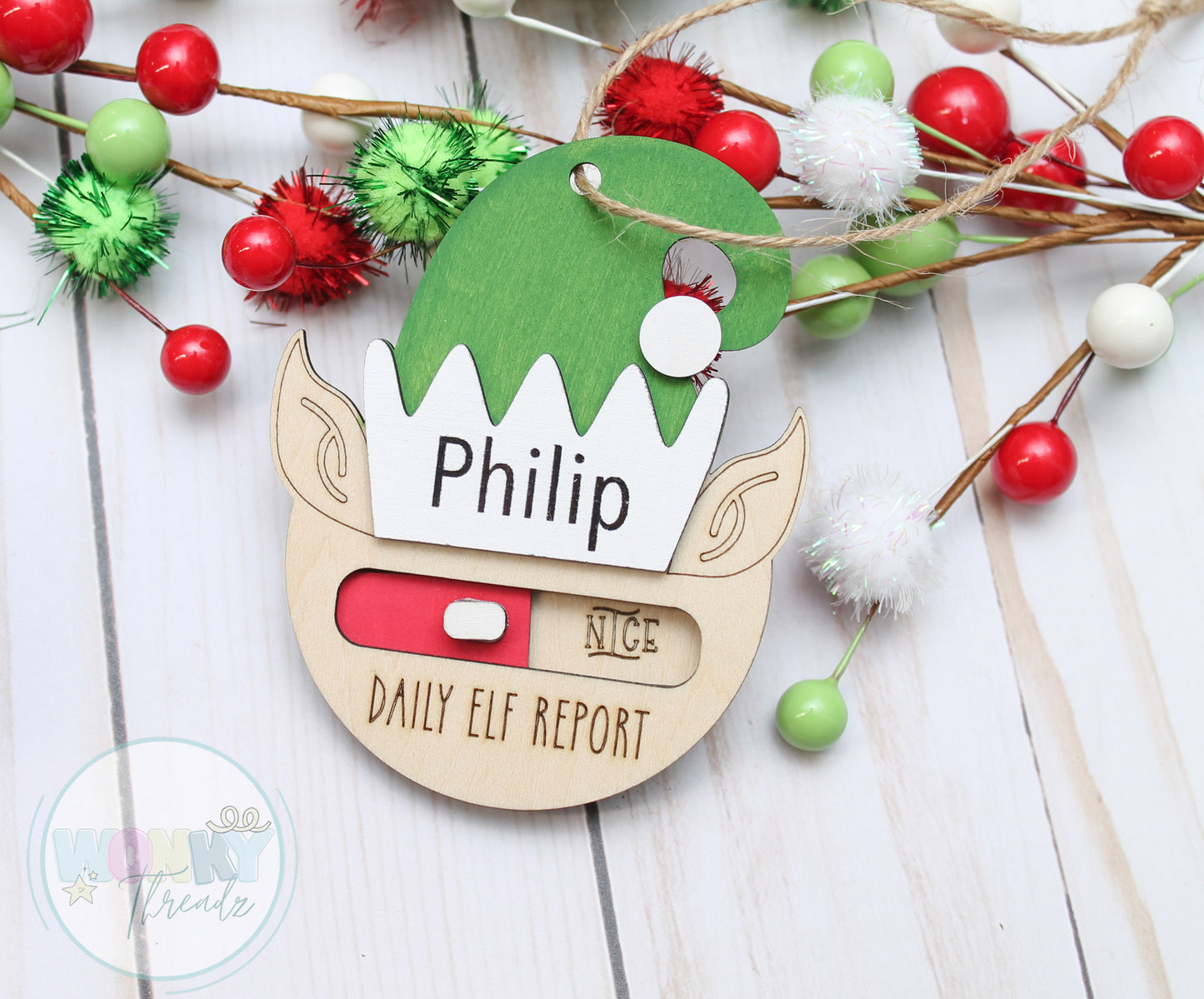 Personalized Wooden Elf Ornament - Daily Elf Report with Naughty/Nice Slider - Custom Christmas Decor