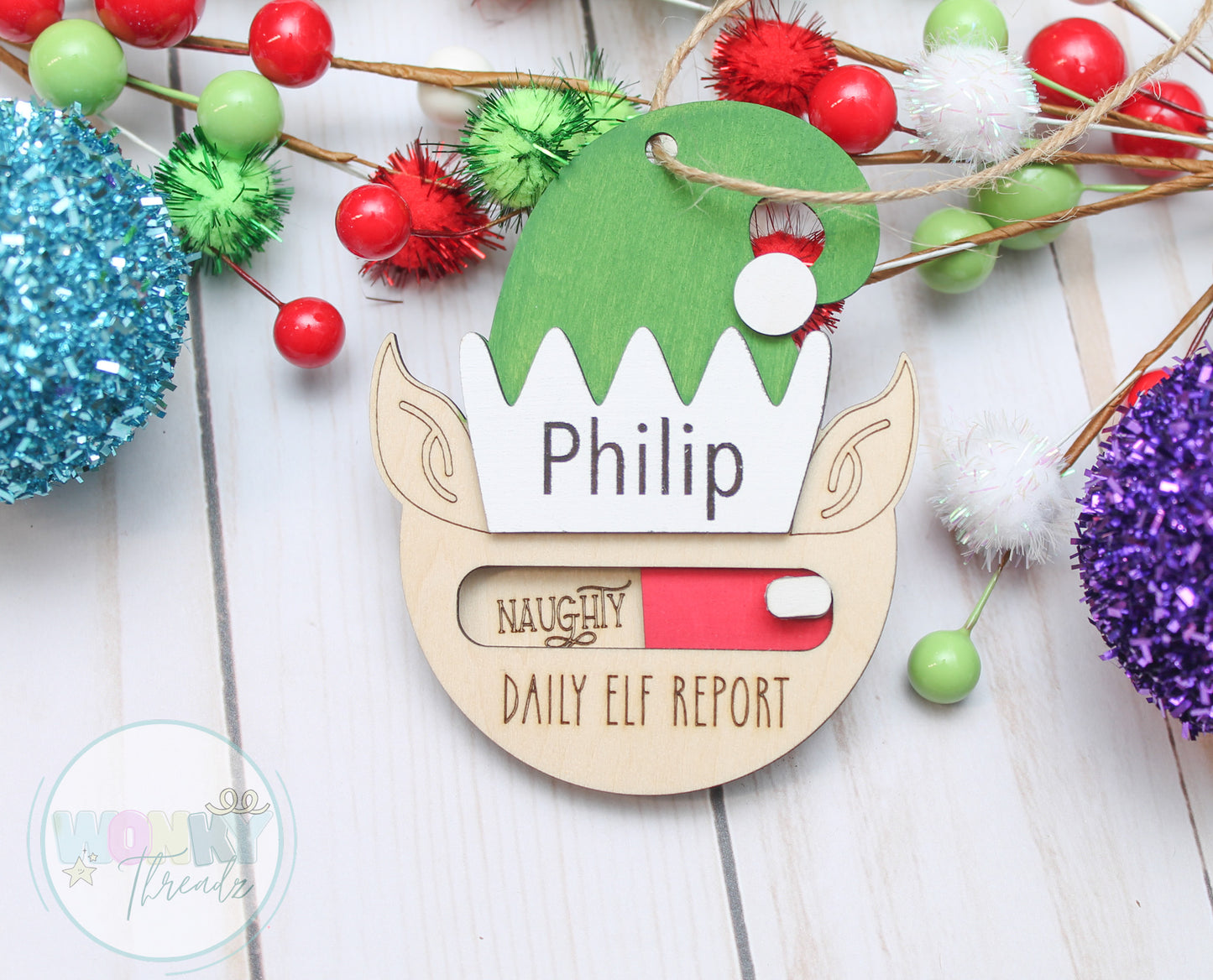 Personalized Wooden Elf Ornament - Daily Elf Report with Naughty/Nice Slider - Custom Christmas Decor