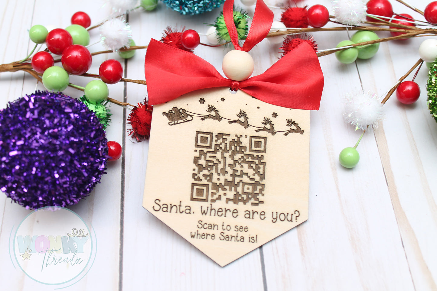 Santa Tracker Wooden Christmas Ornament with QR Code - Where Are You Santa?