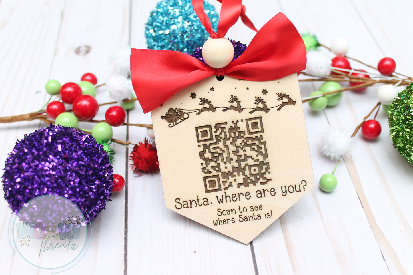 Santa Tracker Wooden Christmas Ornament with QR Code - Where Are You Santa?