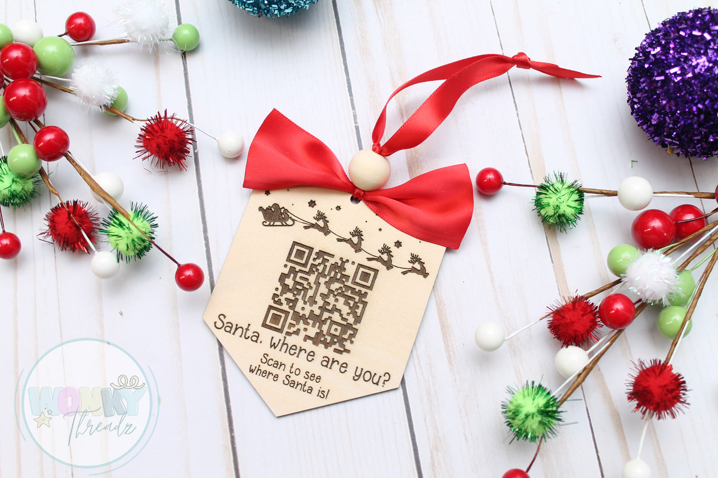 Santa Tracker Wooden Christmas Ornament with QR Code - Where Are You Santa?