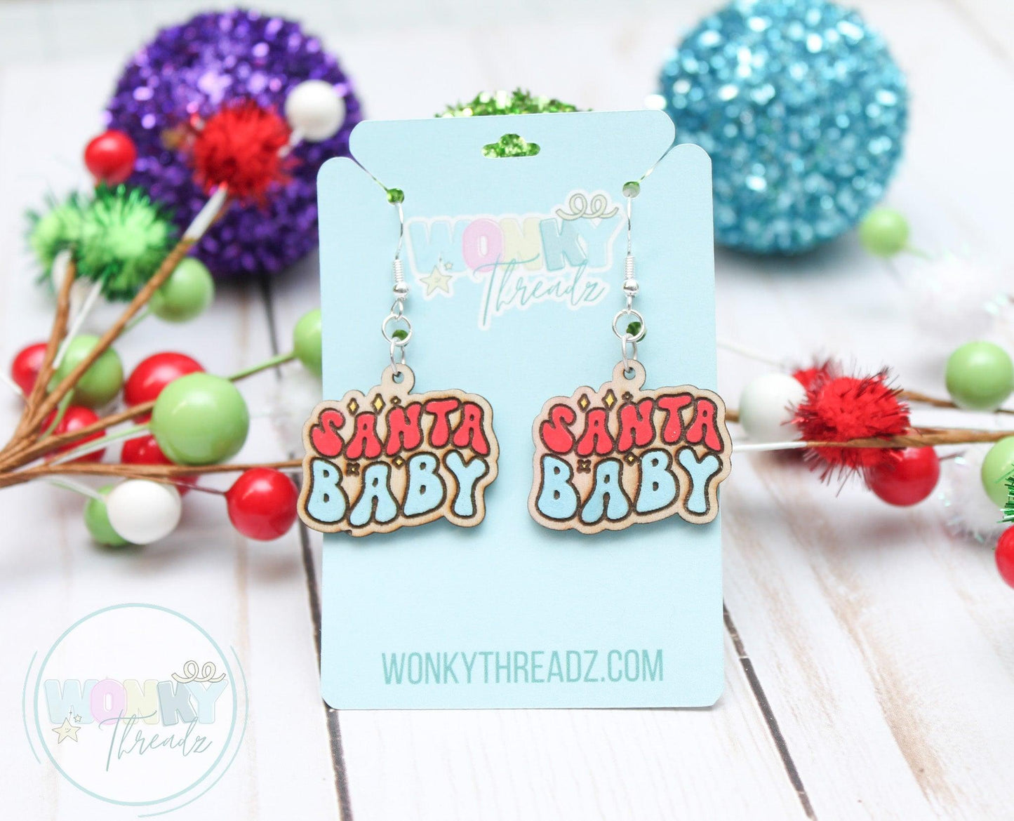 Retro "Santa Baby" Wooden Dangle Earrings for Festive Style - Wonky Threadz