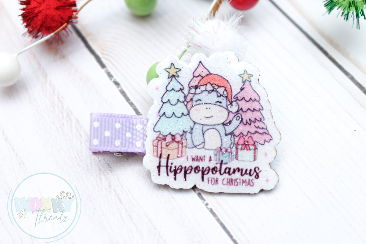 Adorable Hippo Christmas Hair Clip - I Want a Hippopotamus for Christmas