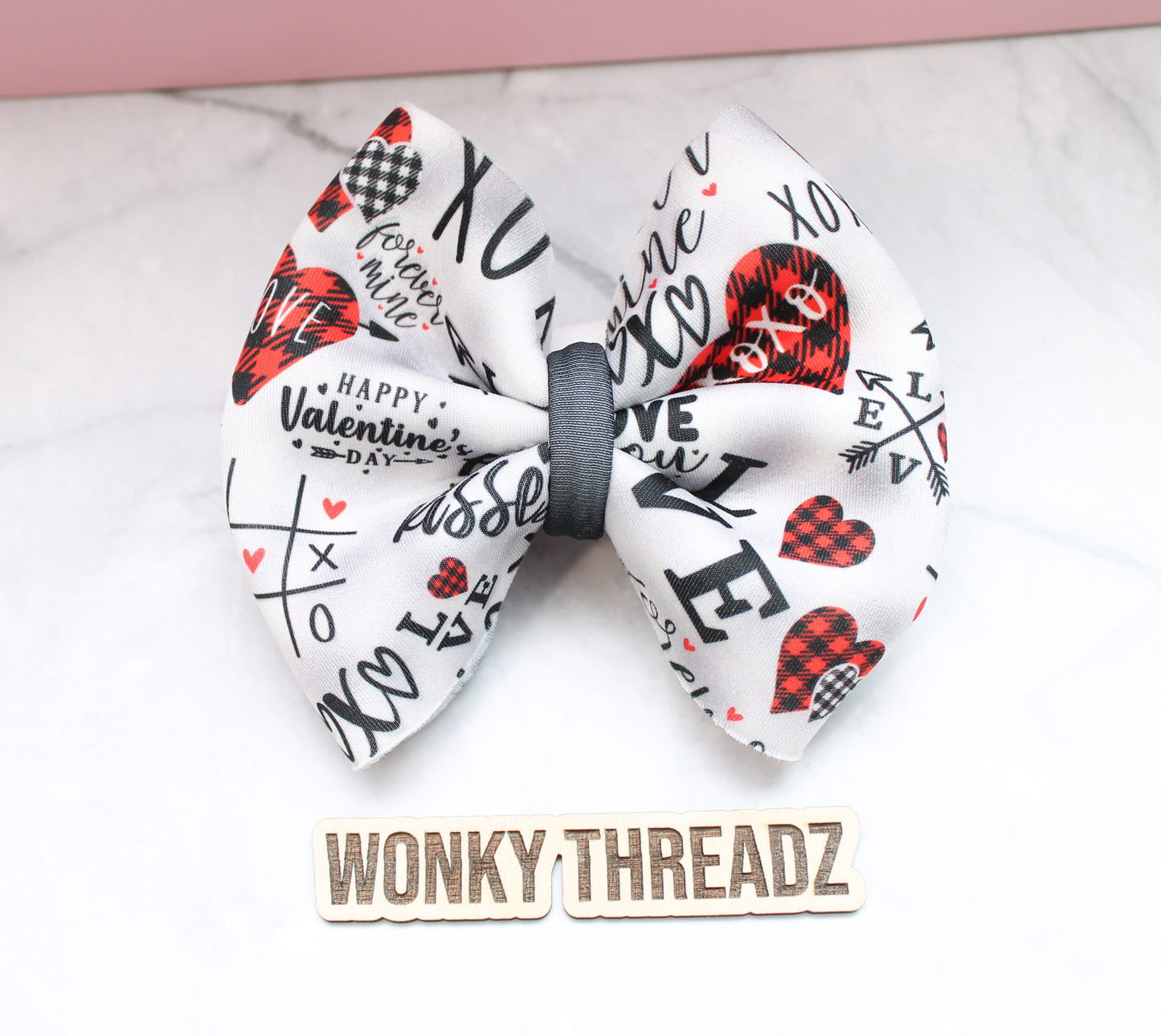 Valentine's Day Scuba Hair Bow for Babies and Little Girls - Buffalo Plaid Hearts