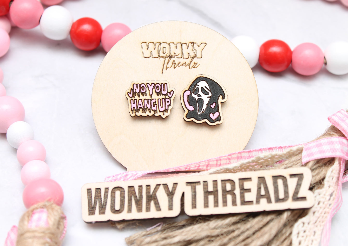 Ghostly Face Love Wooden Stud Earrings