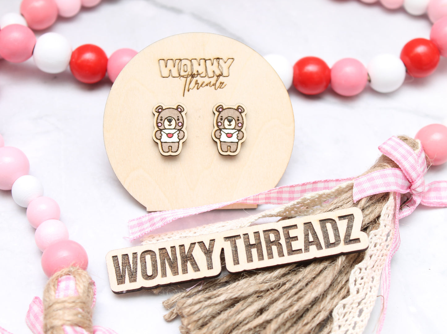 Love Note Bear Wooden Stud Earrings