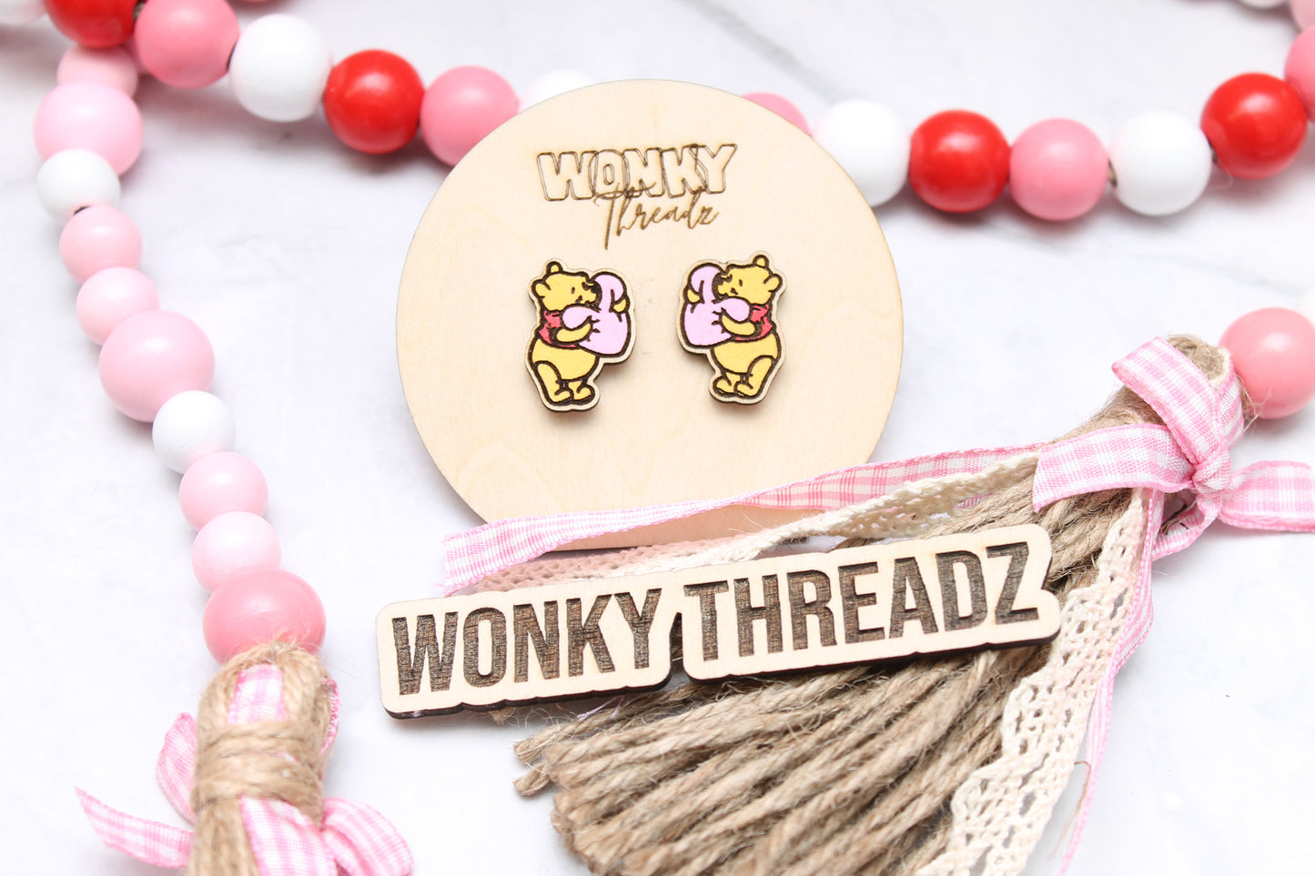 Bear Hug Heart Wooden Stud Earrings