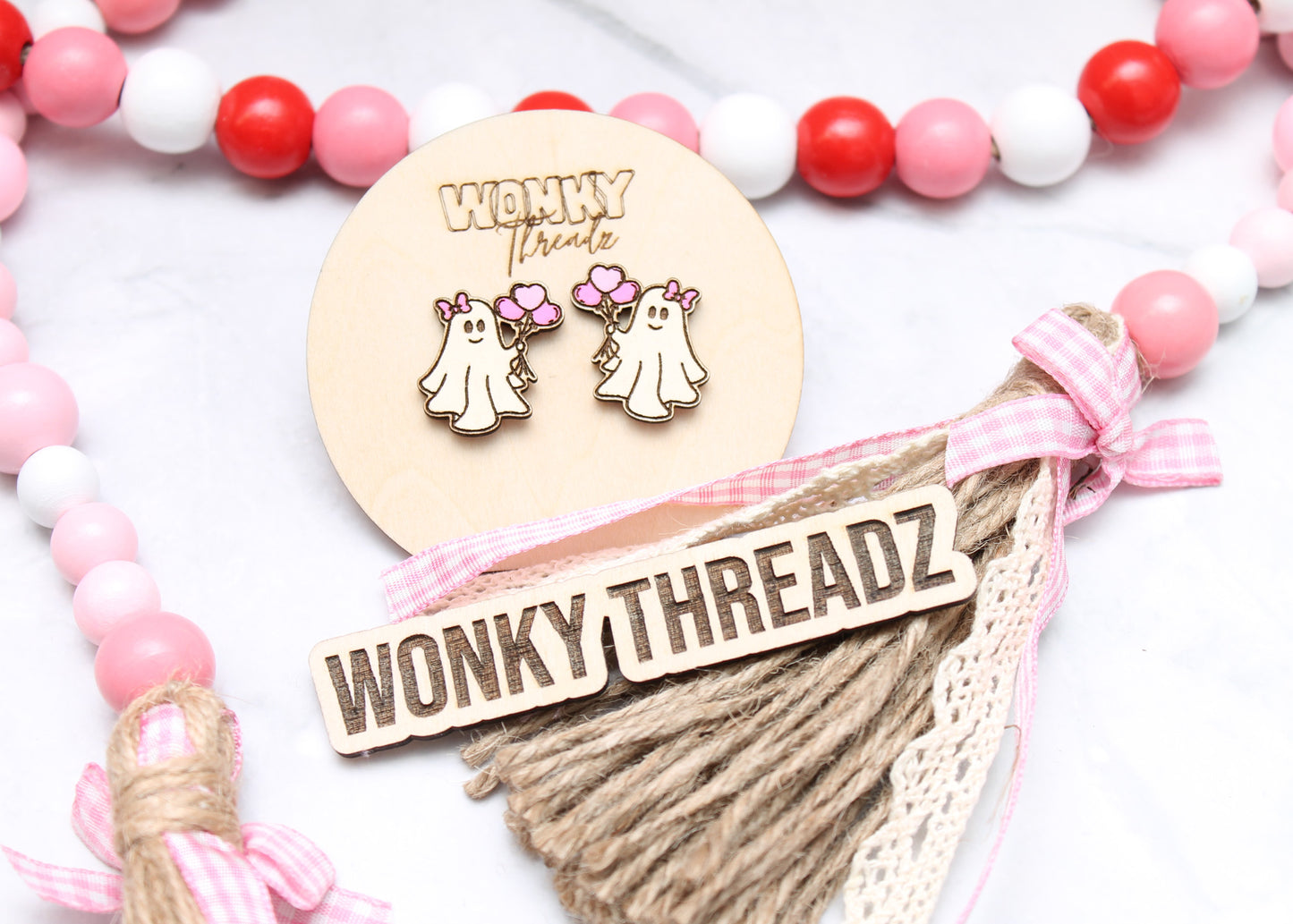 Valentine's Ghost Wooden Stud Earrings with Heart Balloons