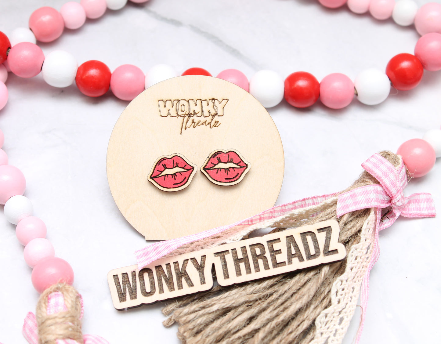 Valentine's Kiss Wooden Lips Stud Earrings