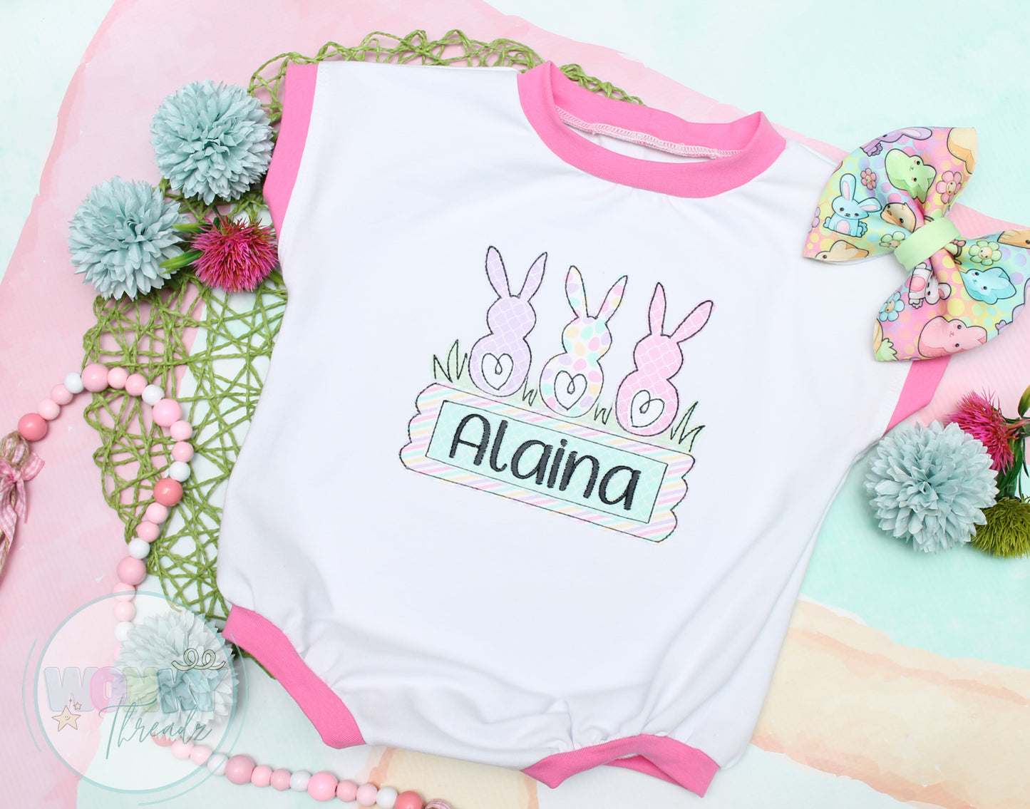 Handmade Easter Tee Romper with Bunny Trio and Personalized Name