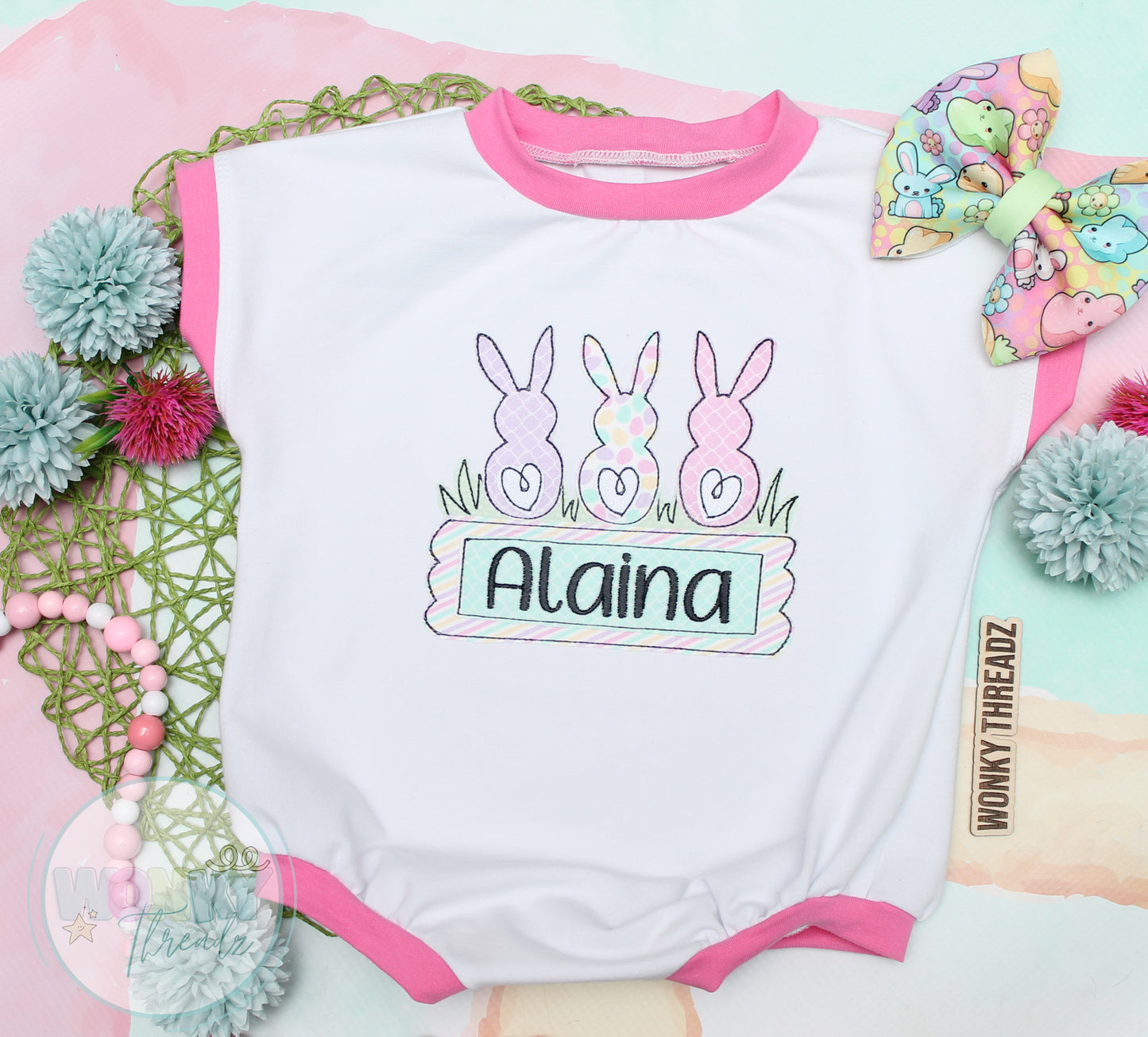 Handmade Easter Tee Romper with Bunny Trio and Personalized Name