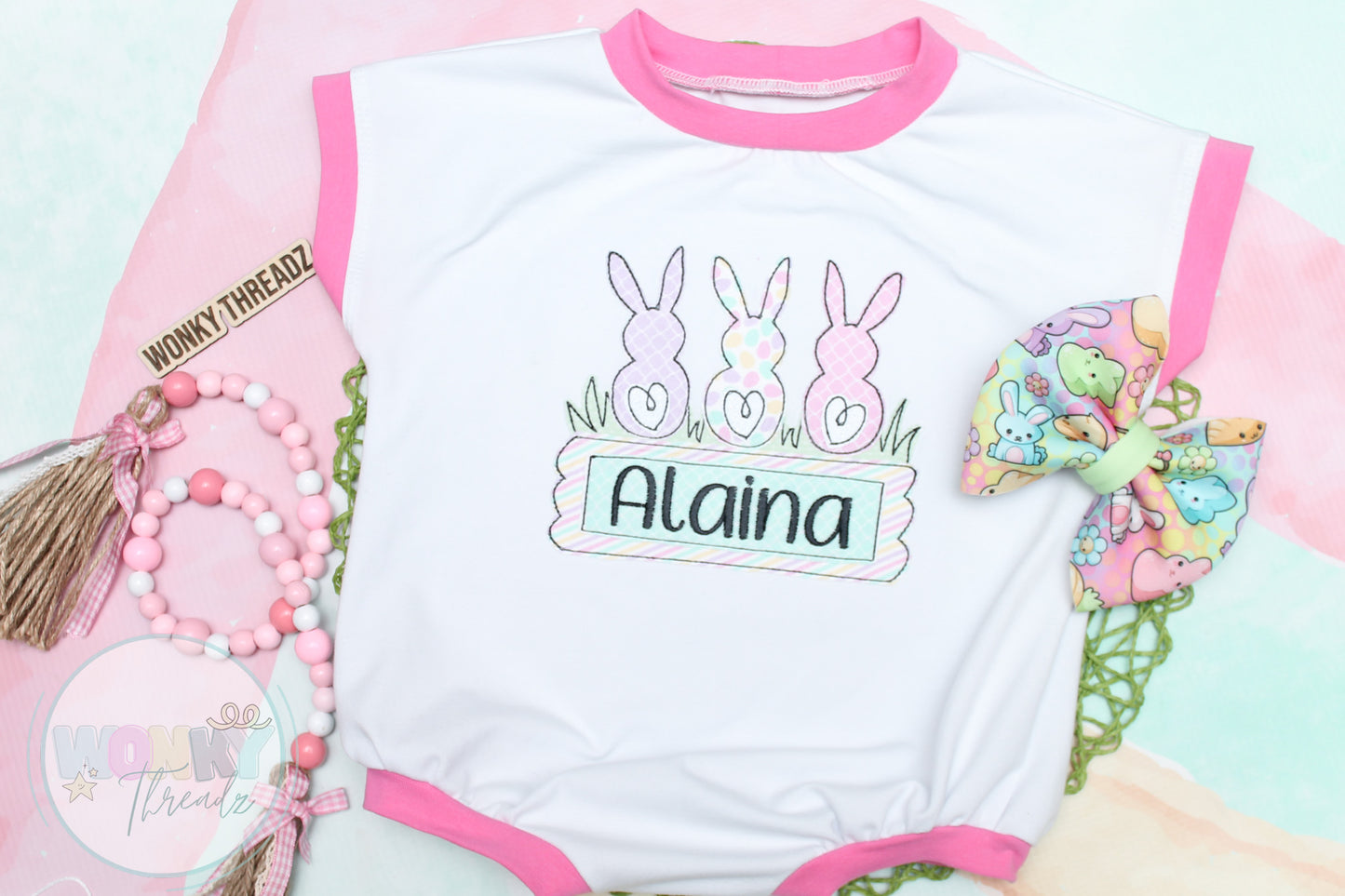 Handmade Easter Tee Romper with Bunny Trio and Personalized Name