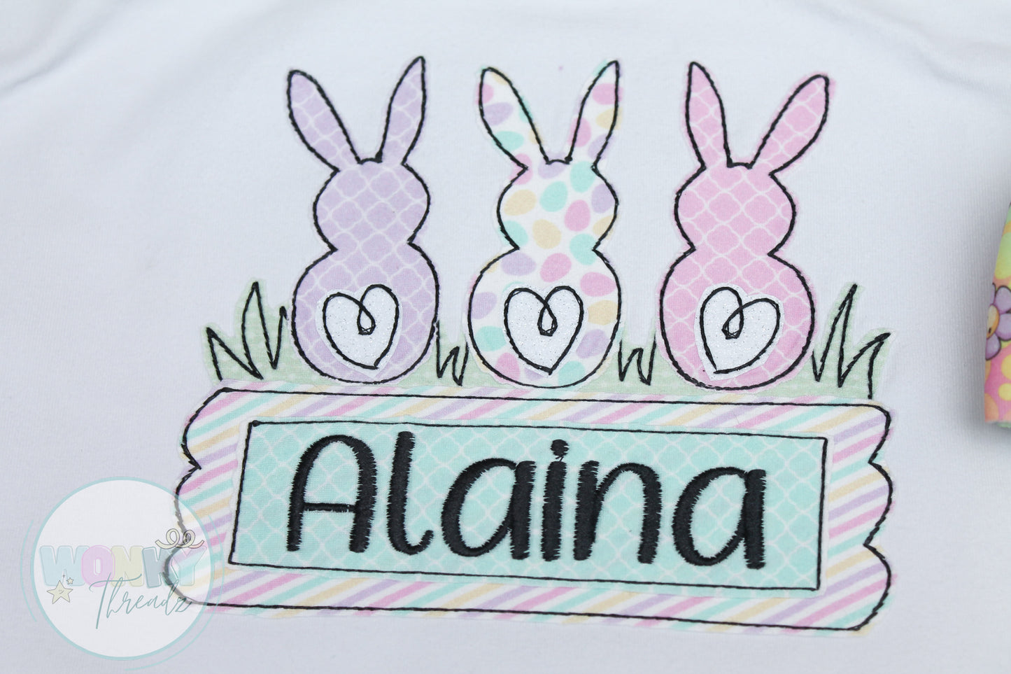 Handmade Easter Tee Romper with Bunny Trio and Personalized Name