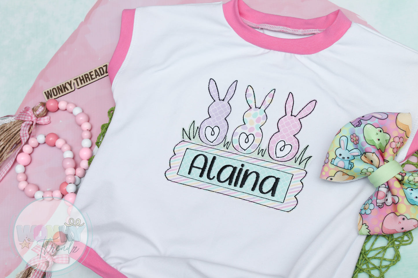Handmade Easter Tee Romper with Bunny Trio and Personalized Name