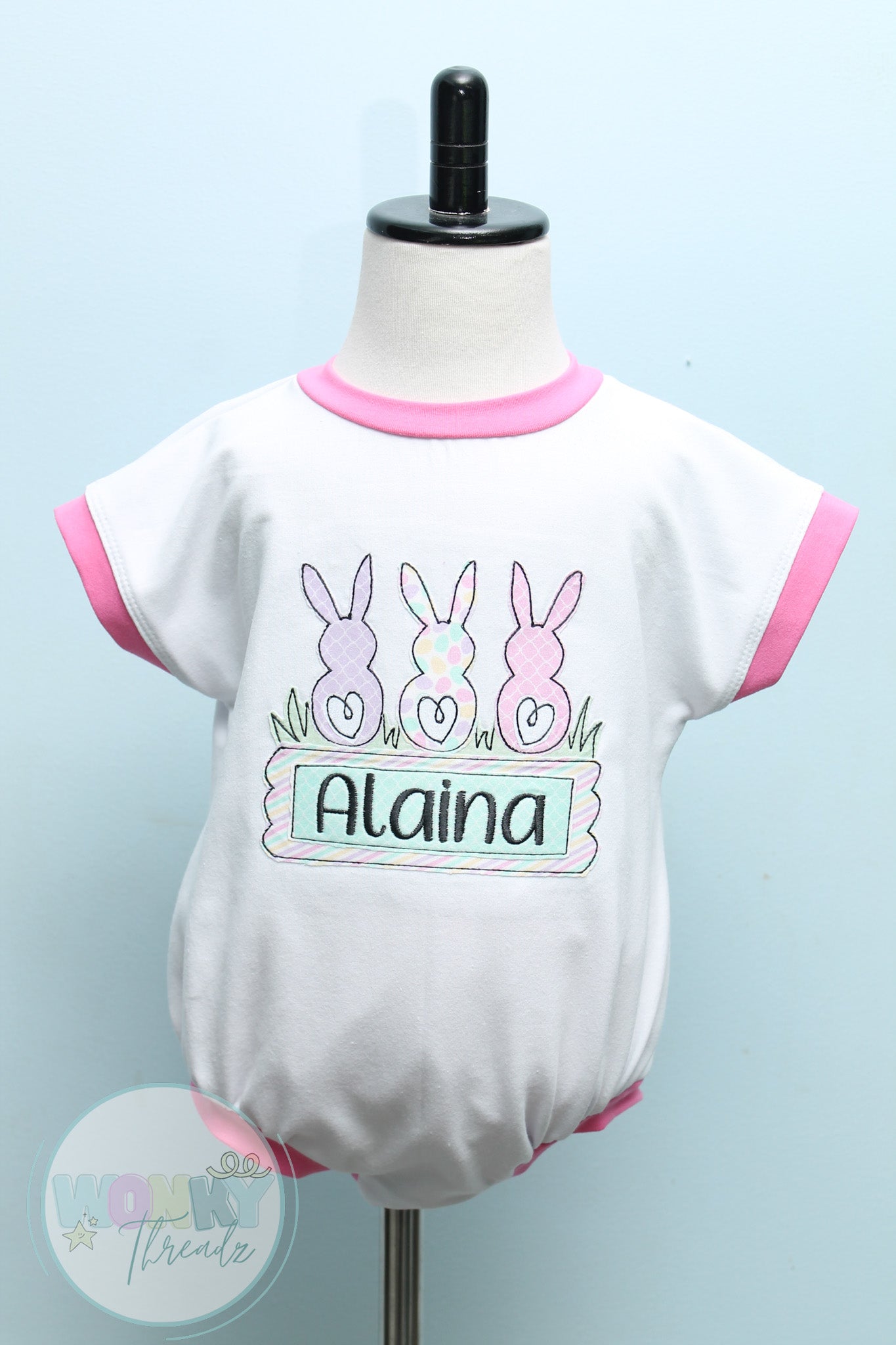 Handmade Easter Tee Romper with Bunny Trio and Personalized Name