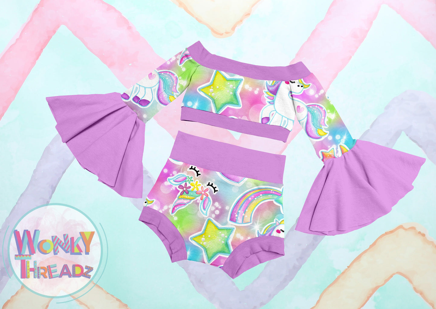 Girls Unicorn Outfit Bell Sleeve and Bummies
