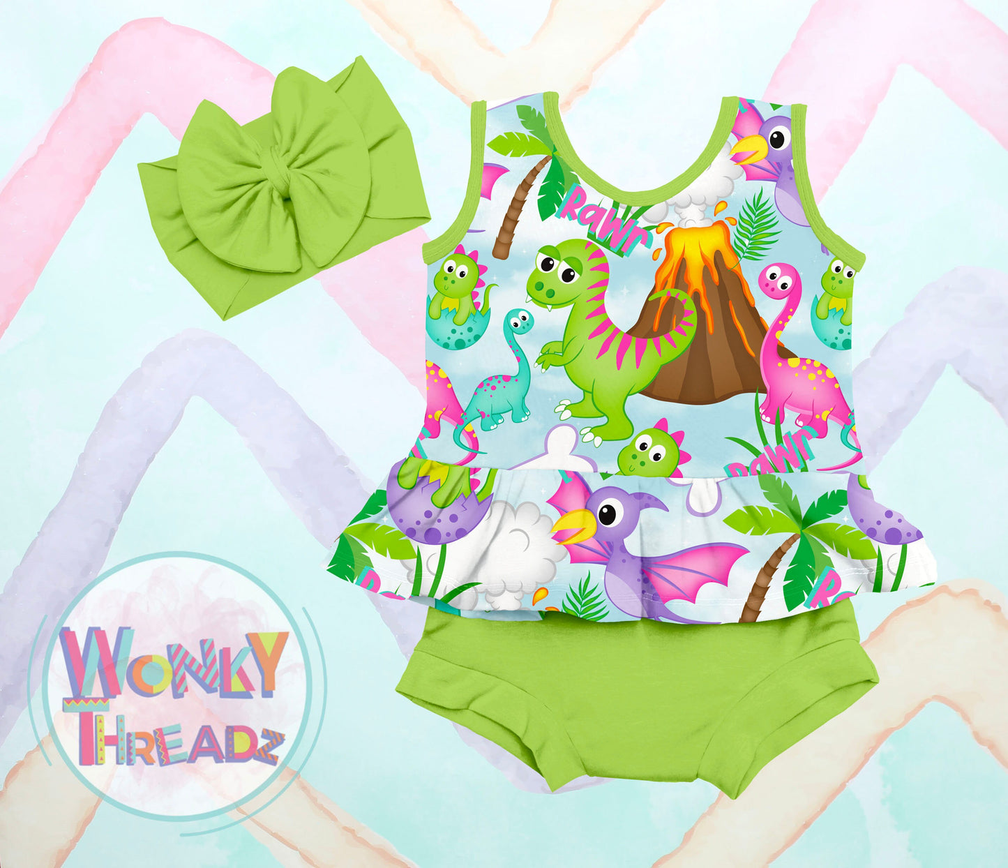 "Cute dinosaur peplum top outfit for baby and toddler girls, handmade with love. Adorable fashion with a touch of whimsy."