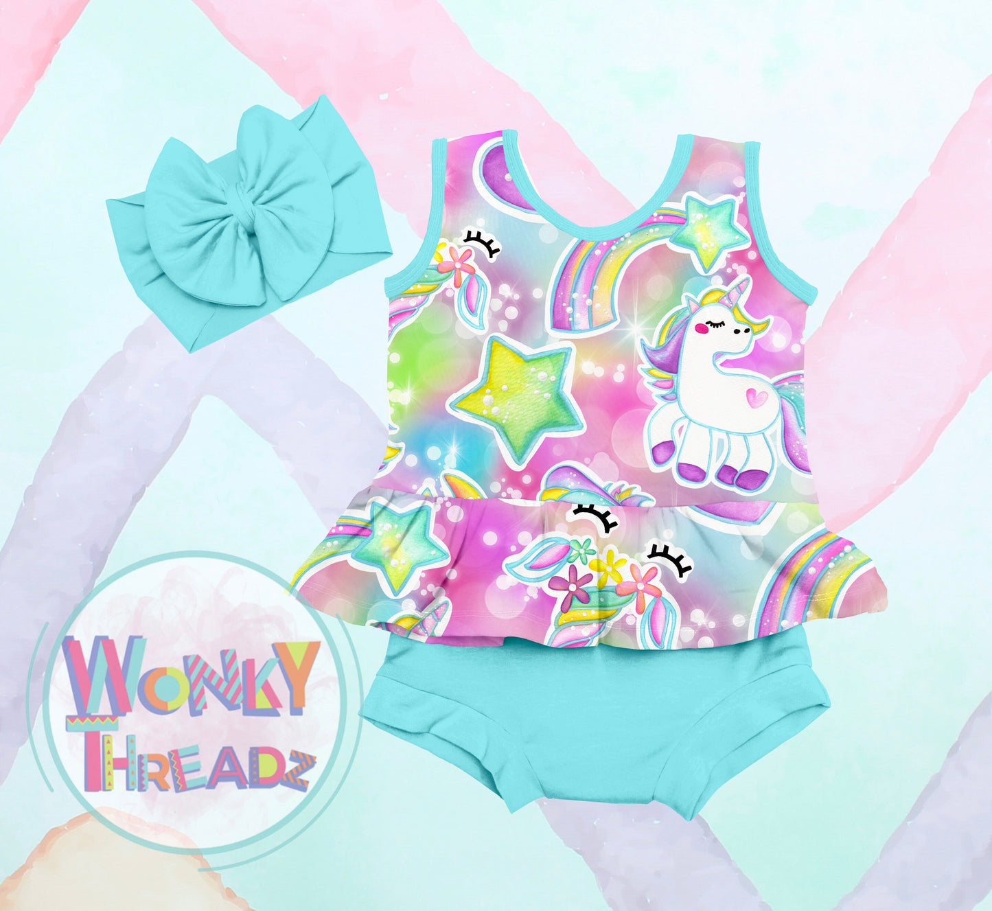 "Adorable Unicorn Dreams Peplum Tank Top – A whimsical and enchanting unicorn design on a sweet peplum tank top for little girls."