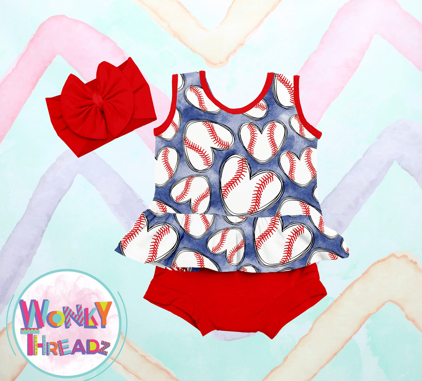 Adorable handmade baseball peplum tank top outfit for babies and toddlers, featuring charming hearts pattern. Customizable set includes peplum top, bow headband, and bummies for a stylish and comfortable look