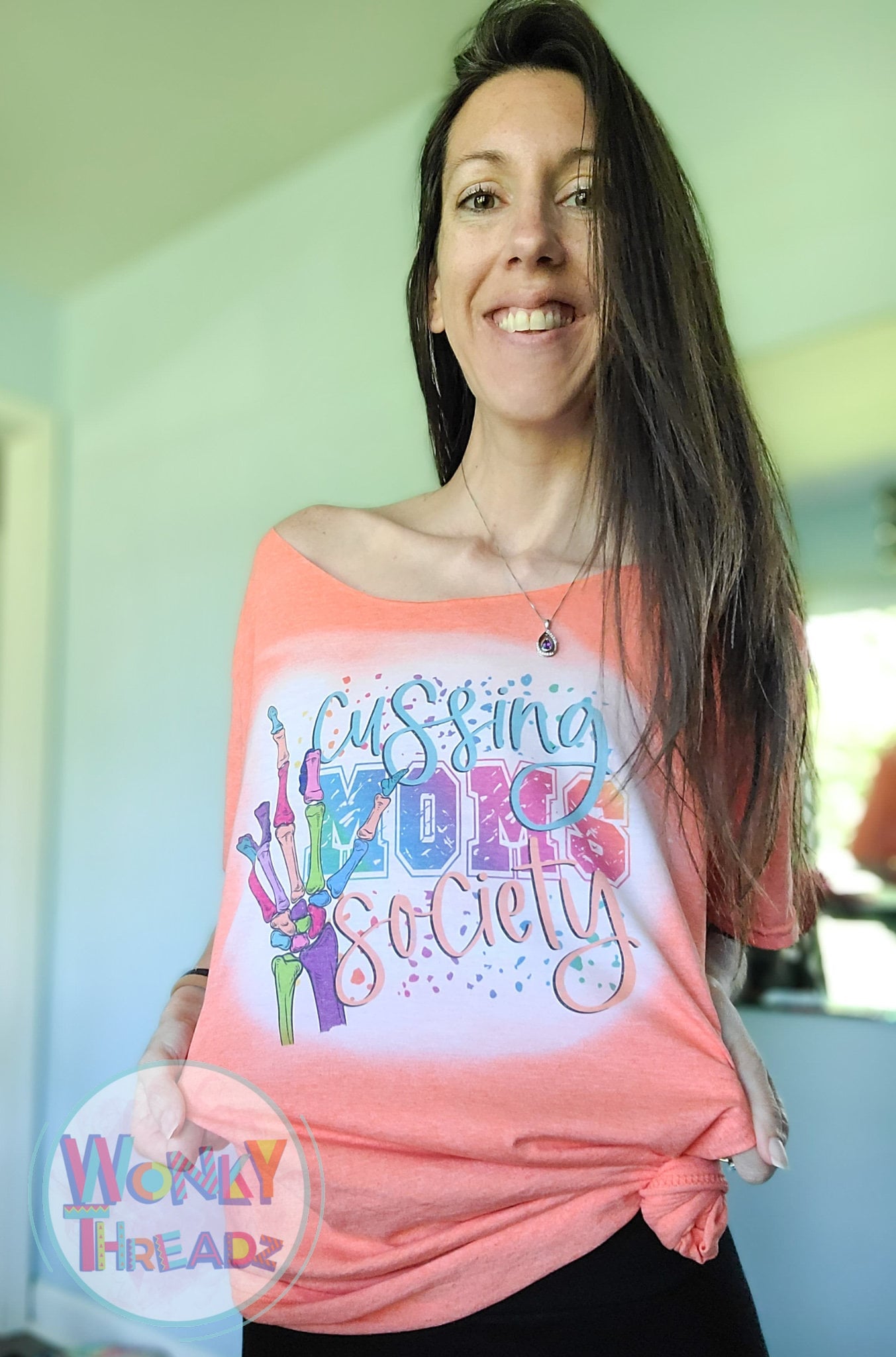 Cussing Moms Society - Distressed Tee Off Shoulder