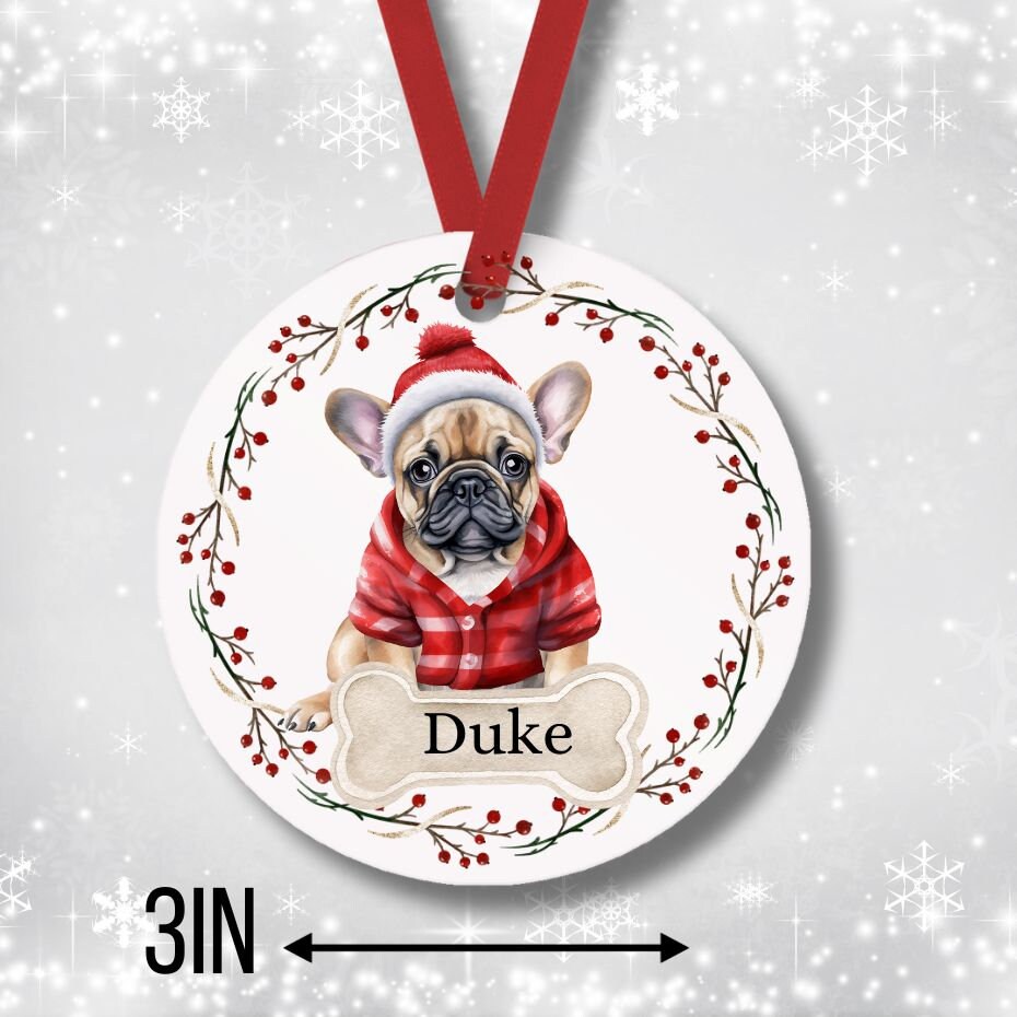 "Adorable Personalized French Bulldog Christmas Ornament - Customizable holiday decor featuring a cute French Bulldog design."