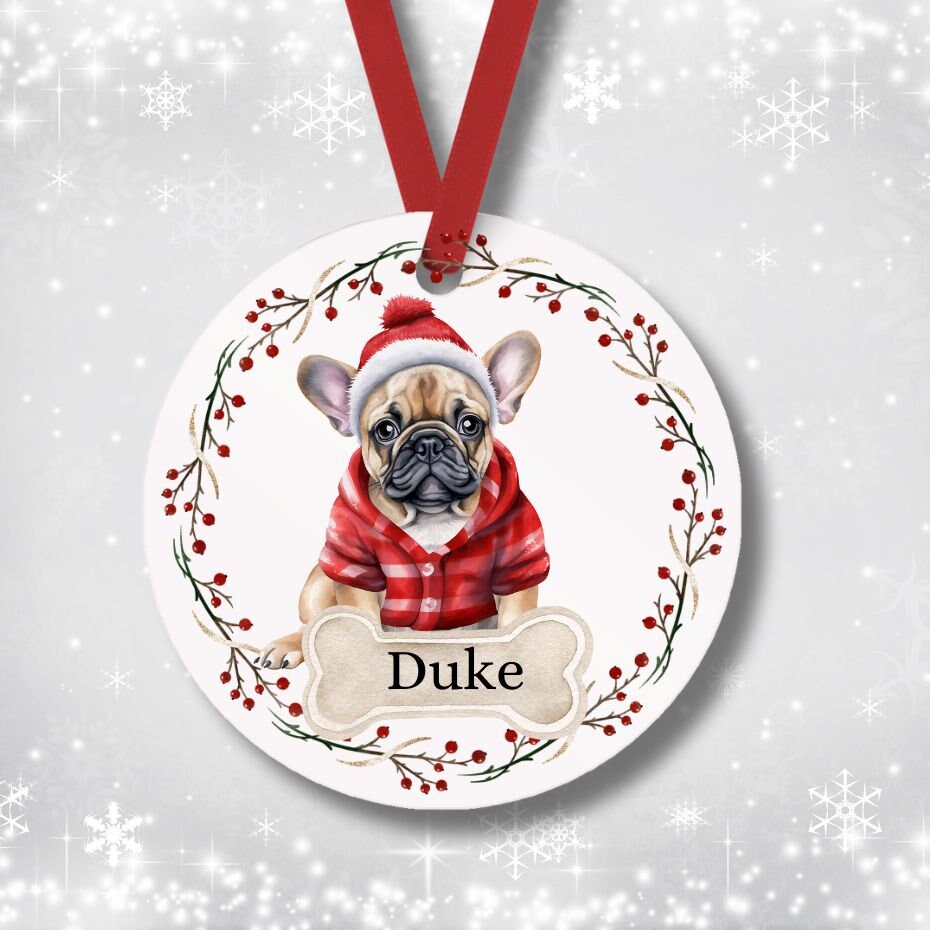"Adorable Personalized French Bulldog Christmas Ornament - Customizable holiday decor featuring a cute French Bulldog design."