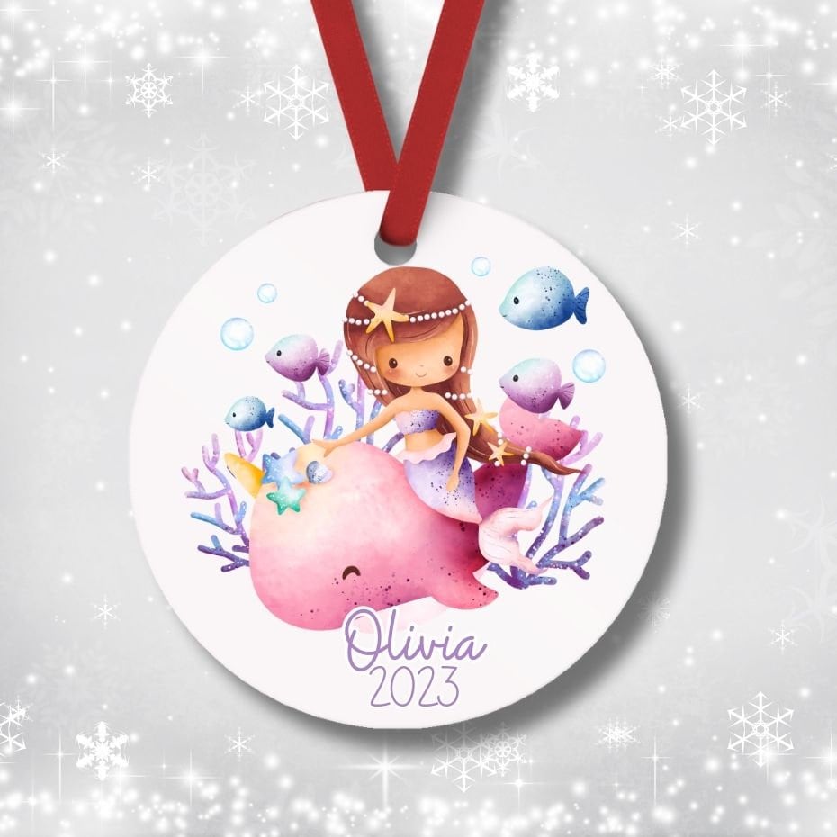 Personalized mermaid ornament - 3inch - add name and year
