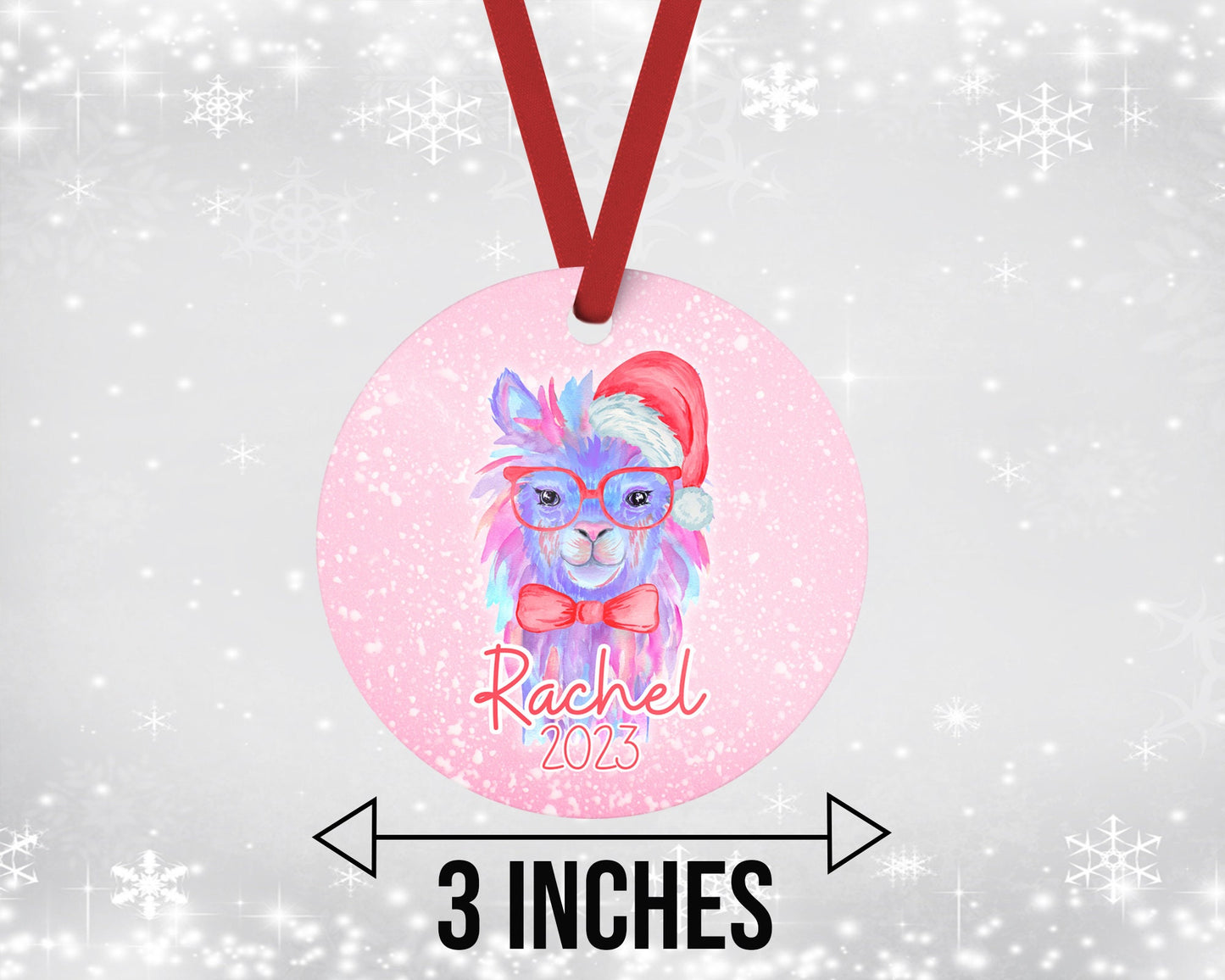 Customizable Pink Festive Llama Christmas Ornament