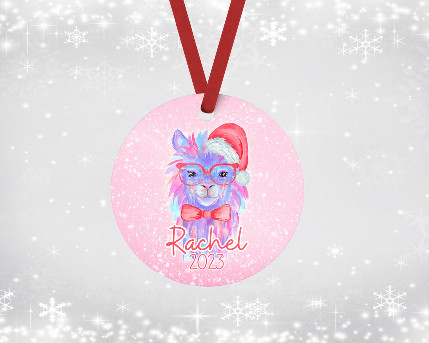 Customizable Pink Festive Llama Christmas Ornament