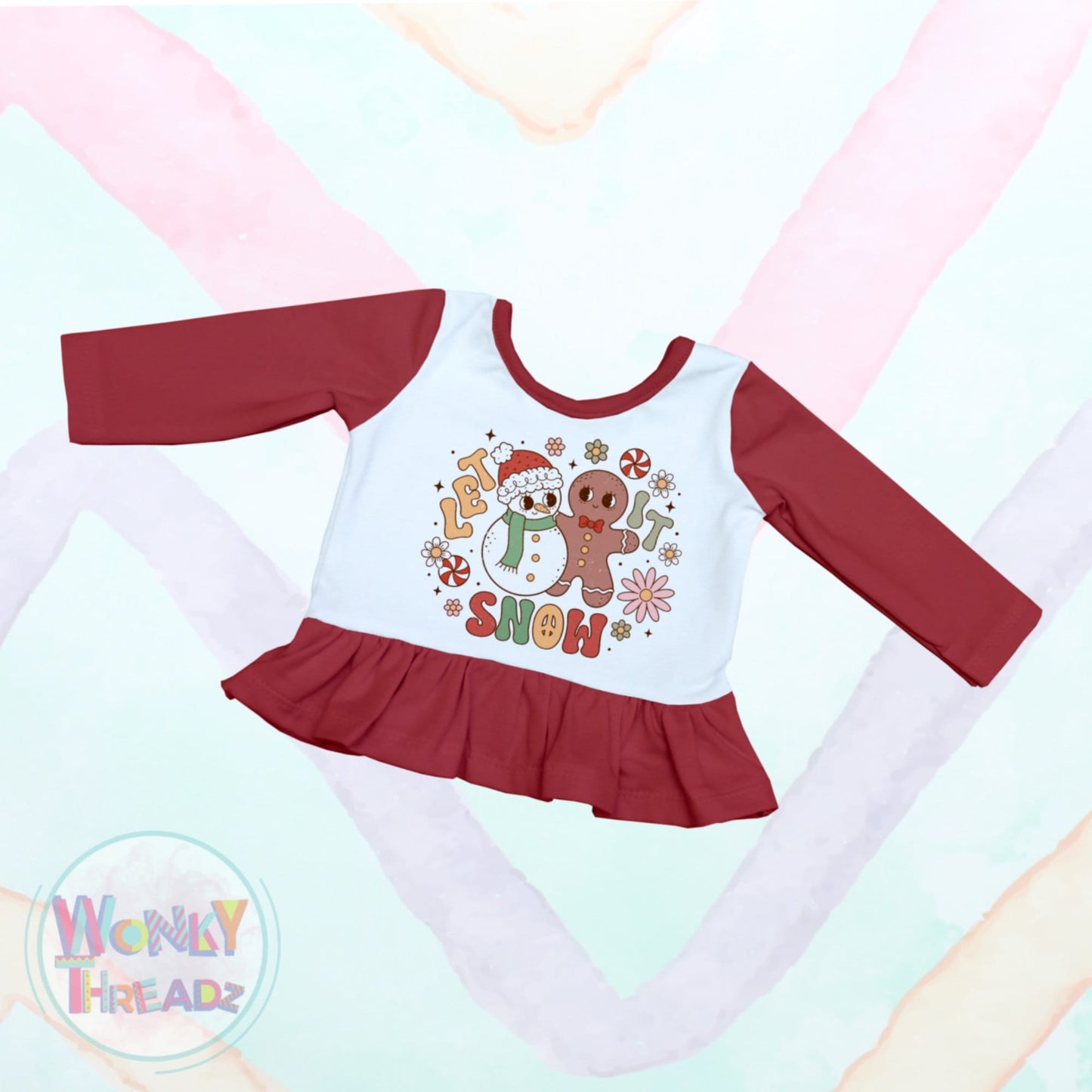 Girls' Christmas Peplum Top - Snowman & Gingerbread Man Retro