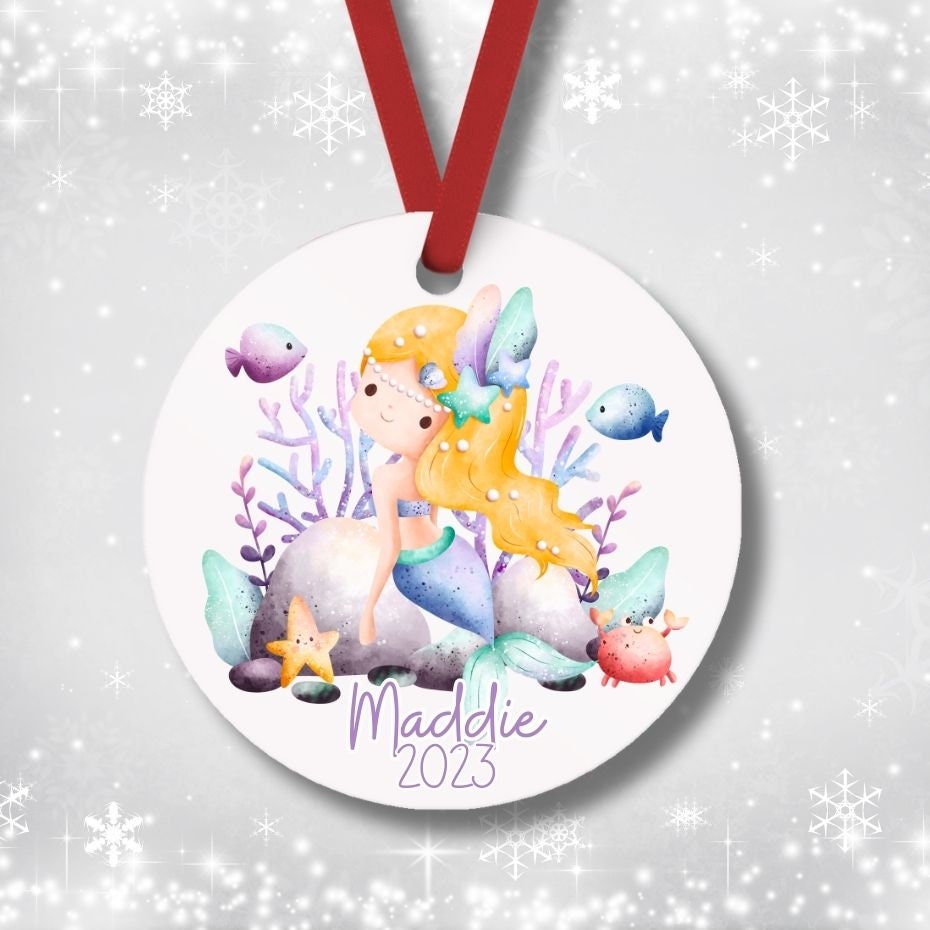 Personalized Blonde-Haired Mermaid Christmas Ornament