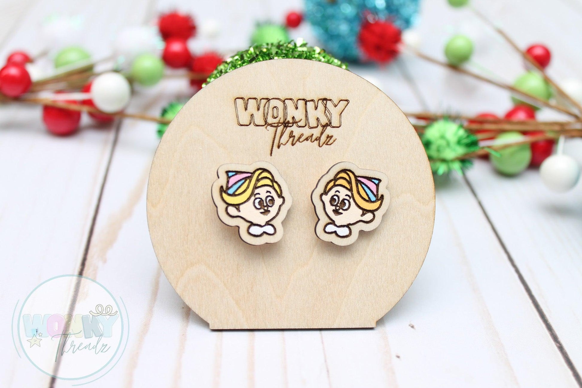 Wood Dentist Elf Earring Studs - Festive Holiday Fashion - Wonky Threadz