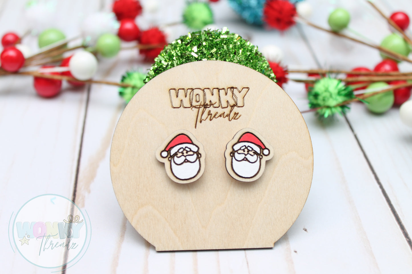 Santa Wooden Stud Earrings - Festive Holiday Jewelry