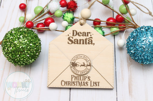 "Custom Wooden Envelope Ornament for Kids' Letters to Santa - Personalized Christmas Decor"