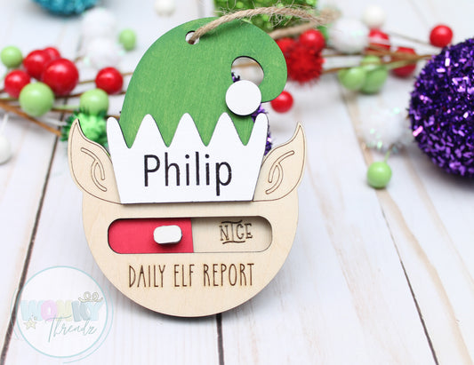 Personalized Wooden Elf Ornament - Daily Elf Report with Naughty/Nice Slider - Custom Christmas Decor