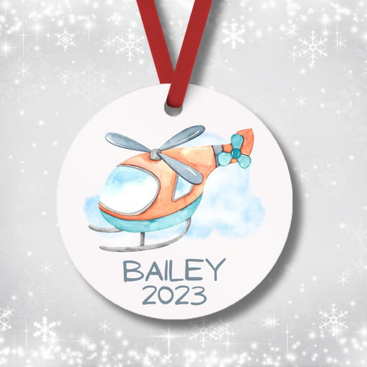 Personalized Watercolor Helicopter Christmas Ornament