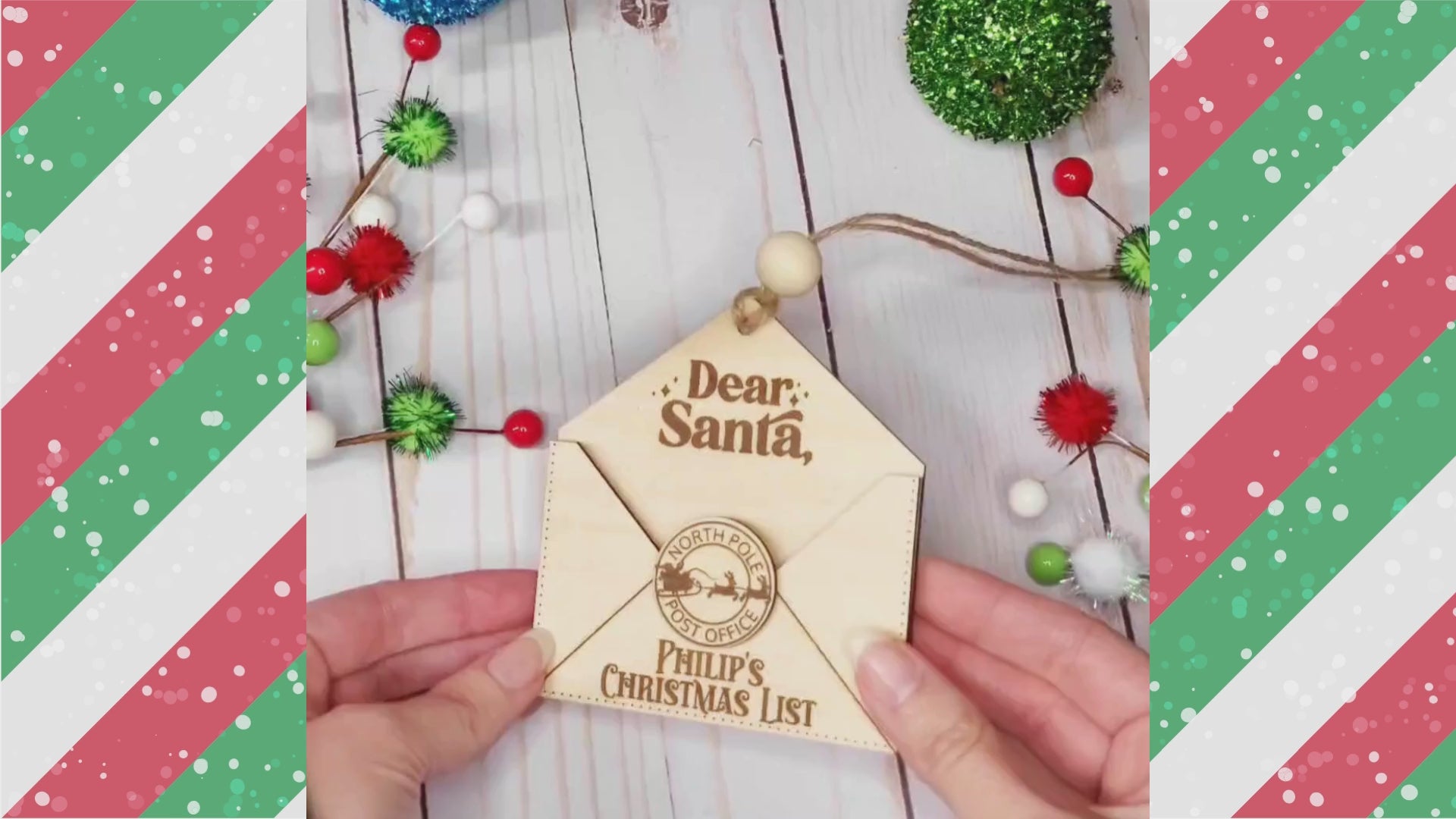 "Custom Wooden Envelope Ornament for Kids' Letters to Santa - Personalized Christmas Decor"